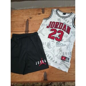 Jordan #23 White, Red, Black Basketball Jersey and Shorts Athletic Size Youth M